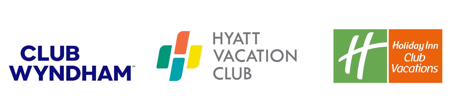Club Wyndham, Hyatt Vacation Club, and Holiday Inn Club Vacations logos on a white background