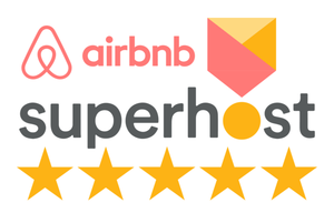 Airbnb Superhost logo with five gold stars on white background