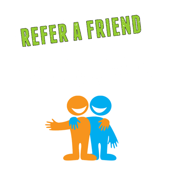 “Refer a friend” text above two colorful figures with arms around each other.