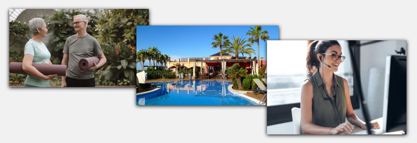Three-panel collage of seniors outdoors, a resort pool, and a woman working at a desktop computer