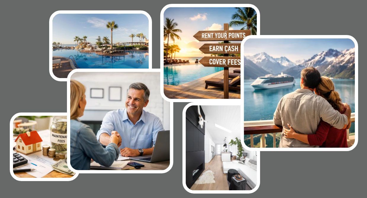 Collage of travel and lifestyle scenes: resort, dining, office work, hallway, and mountain viewpoint.