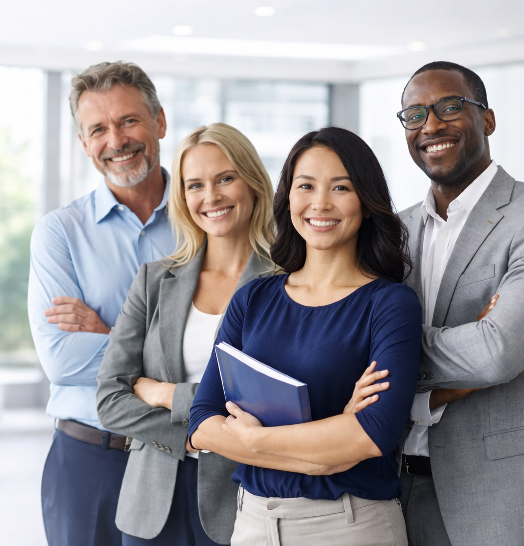 Four coworkers standing together in a bright office, smiling with arms crossed.