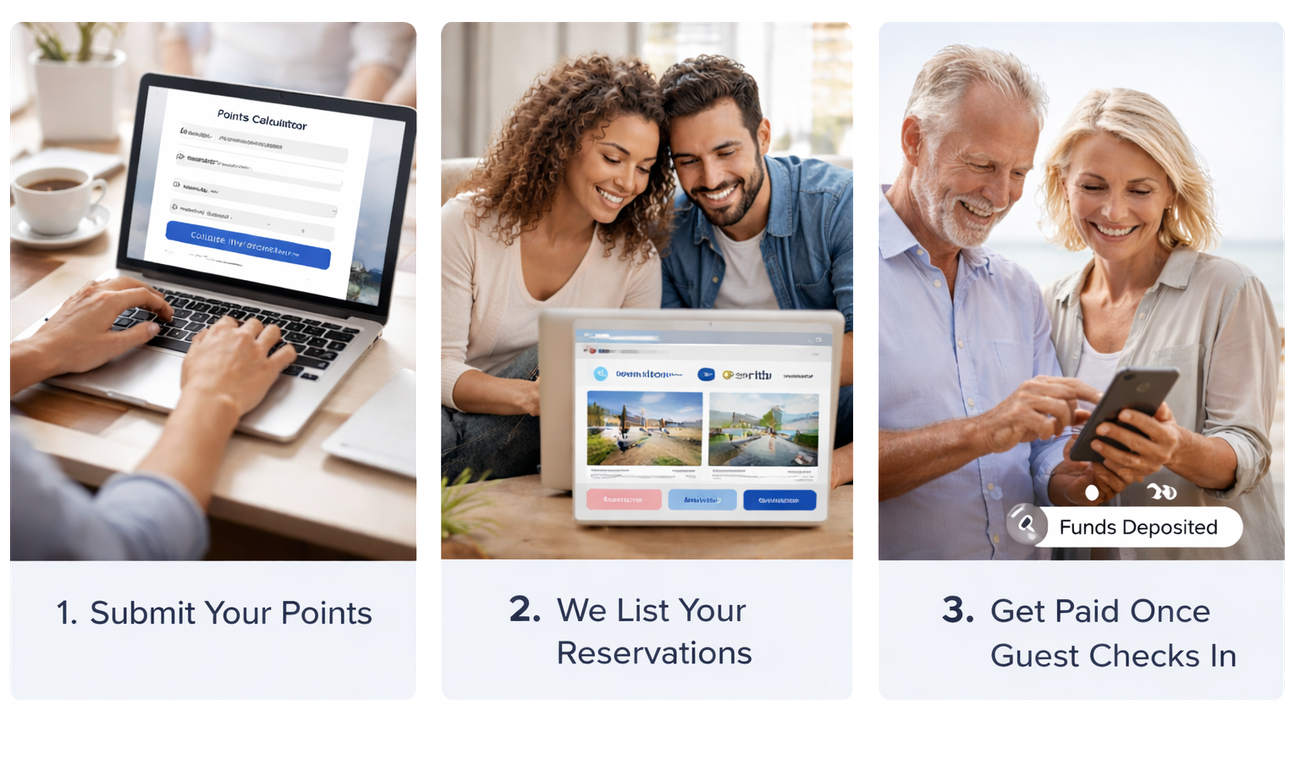 Three-step rental process: submit points, list reservations, get paid once guests check in.