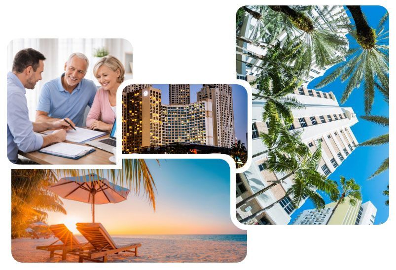 Vacation planning collage with beach sunset, palm trees, resort hotel, and people reviewing documents