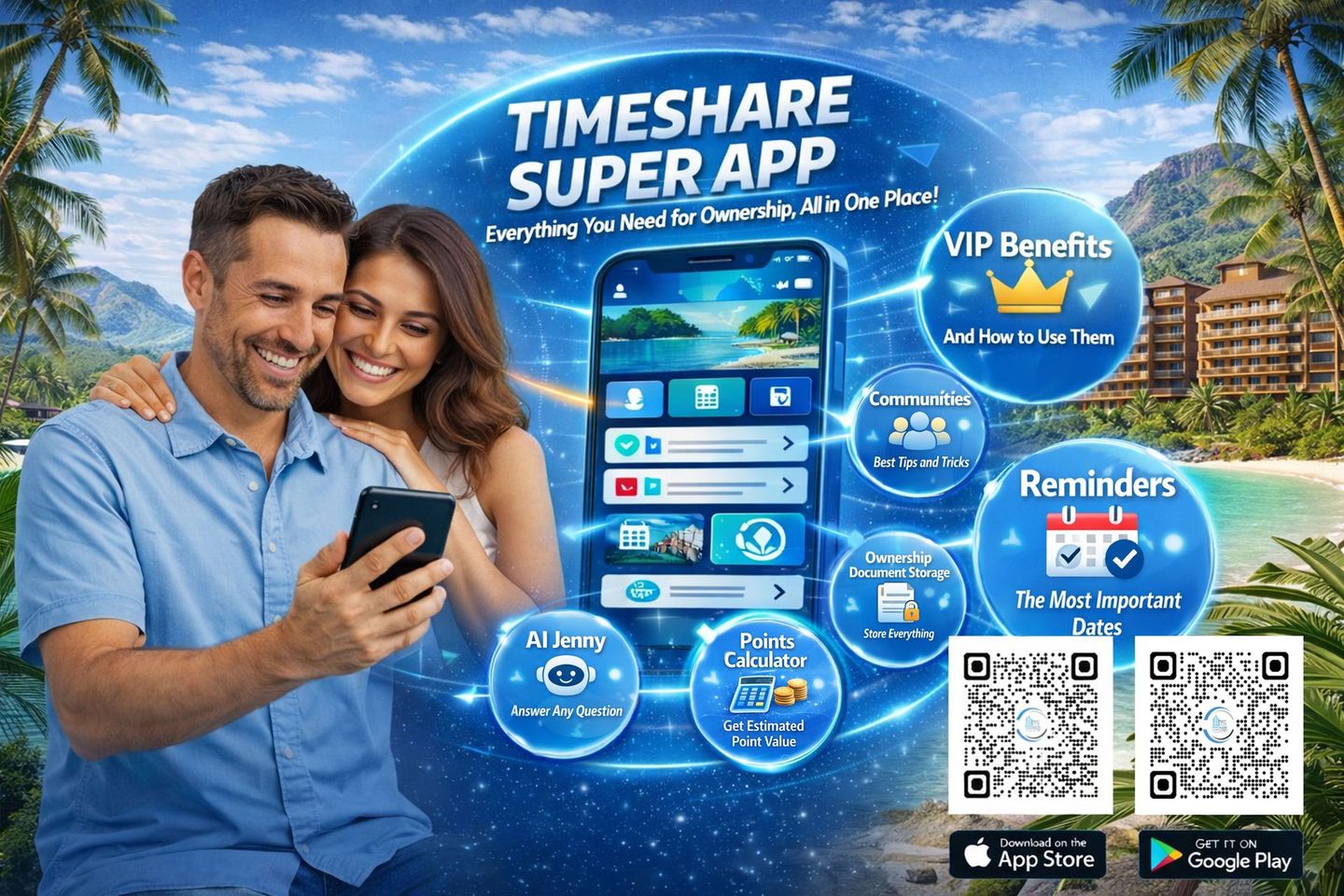 Timeshare Super App promo with smiling couple, smartphone UI, VIP benefits, reminders, and QR codes on blue background