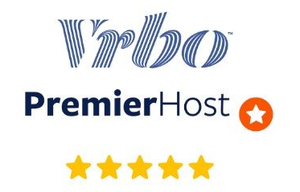 Vrbo PremierHost badge with orange star and five gold stars underneath