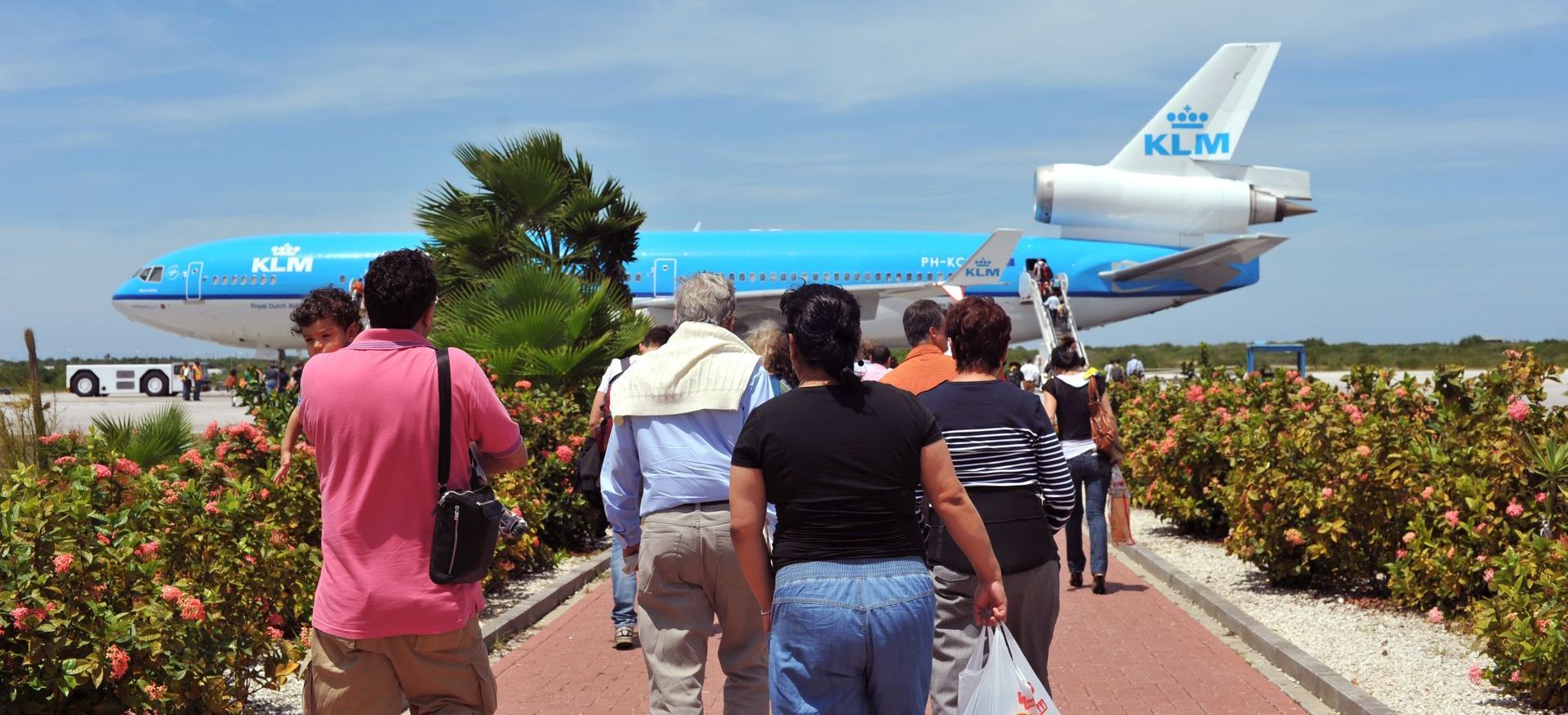 A KLM airplane from the Netherlands parked at Flamingo International Airport in Bonaire.