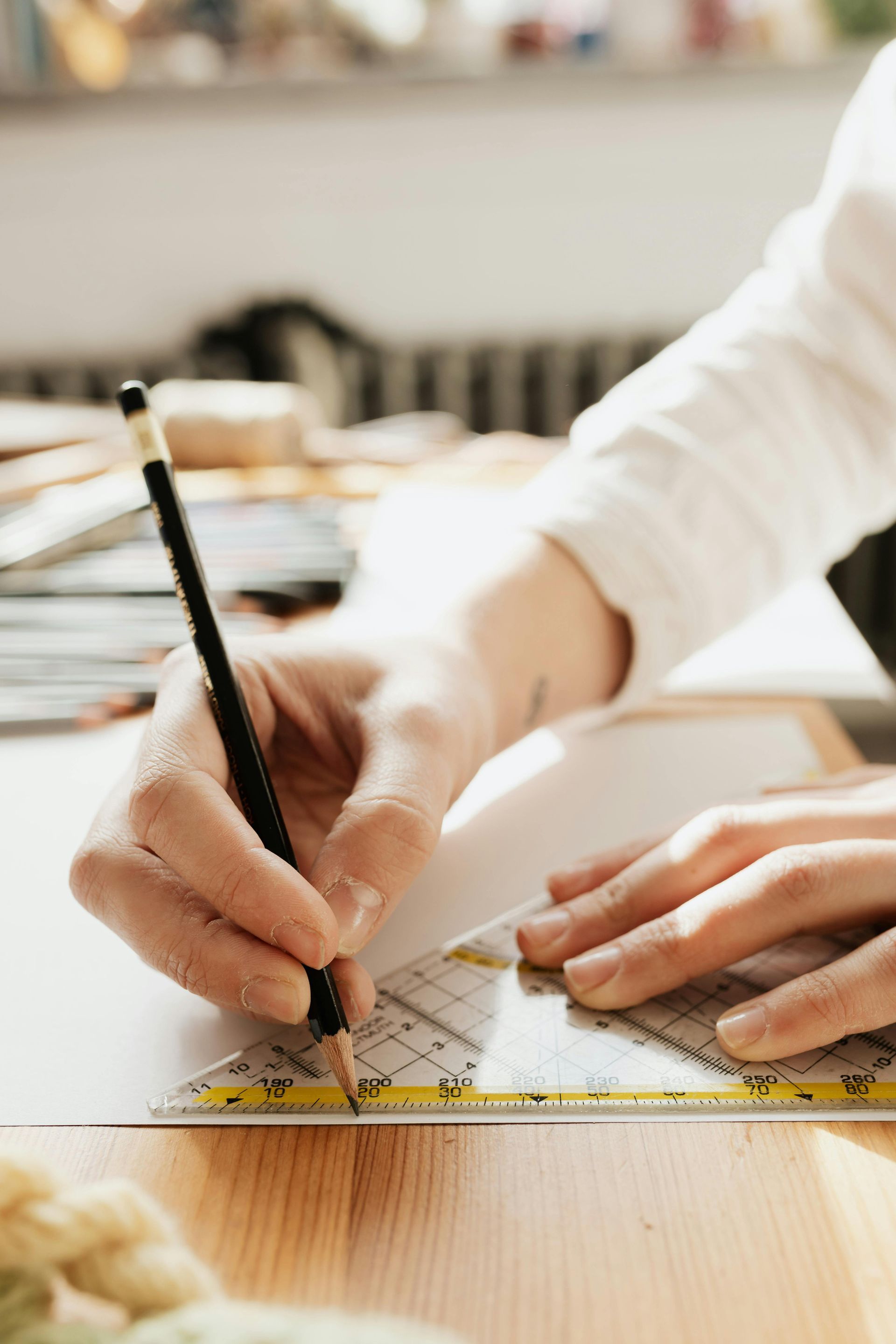 A person is using a ruler and a pencil to draw a triangle on a piece of paper.