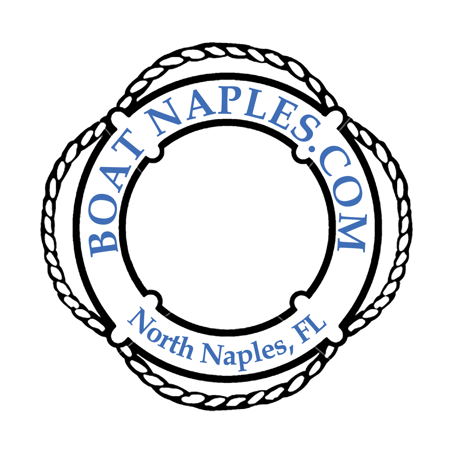 Boat Naples.com logo with blue text inside a black rope-style circular border, reading