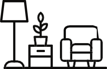 A black and white drawing of a lamp , chair , nightstand and plant.