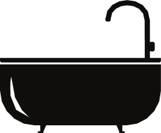 A black and white silhouette of a bathtub with a faucet.