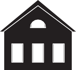 A black and white silhouette of a house with three windows.