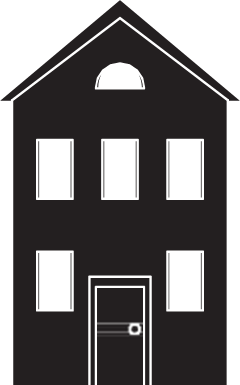 A black and white silhouette of a house with three floors and a door.