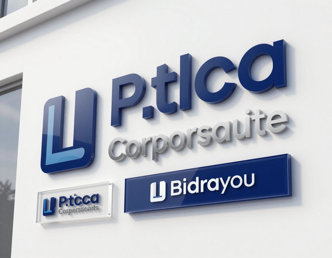 Letreros corporativos azules y plateados de “Ptica Corporativa” y “Bidayou” en una pared blanca.