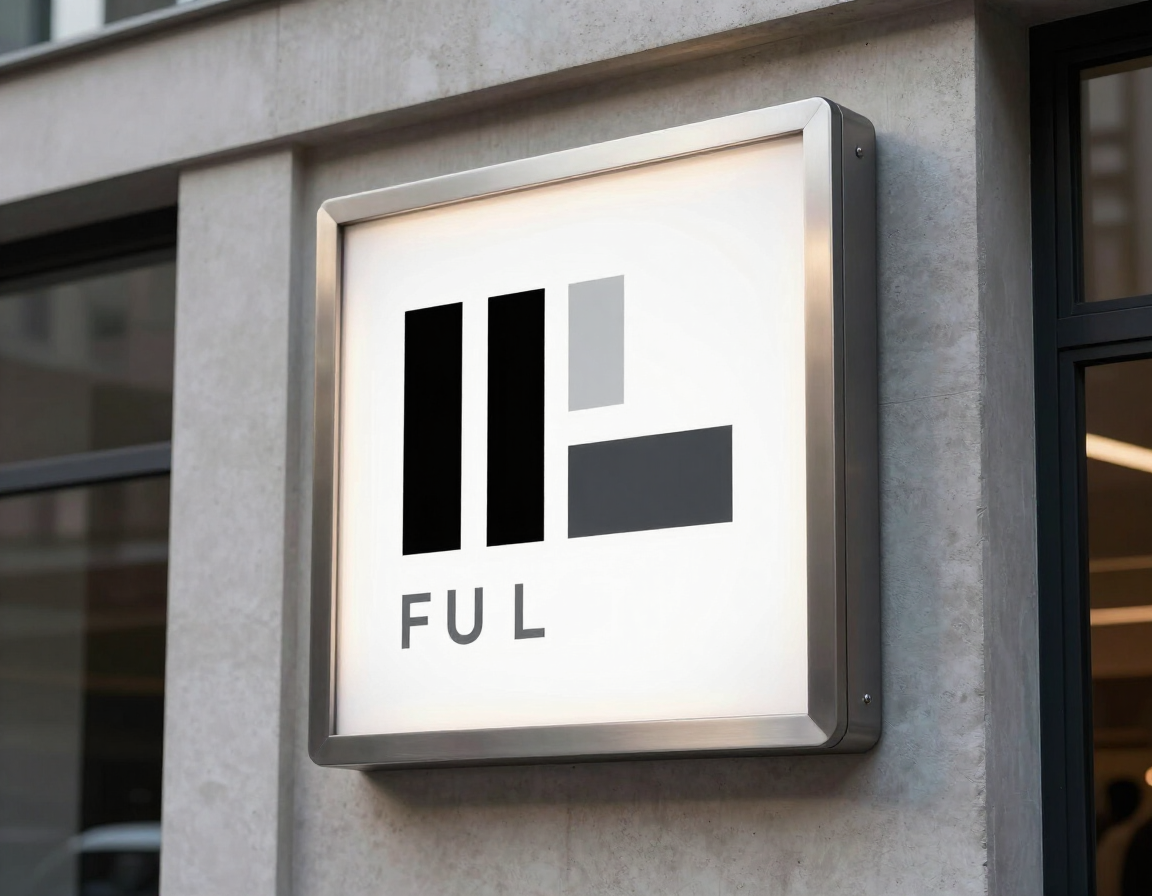 Letrero cuadrado retroiluminado con logotipo en negro y gris y la palabra “FUL” en la fachada de un edificio.