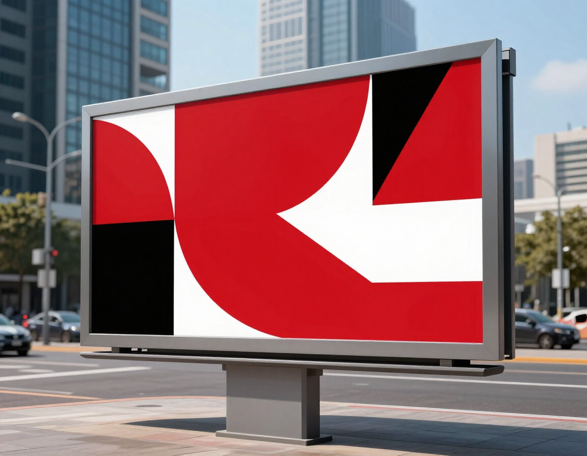 Gráfico abstracto en rojo y negro en una valla publicitaria al borde de la carretera en una calle de la ciudad.