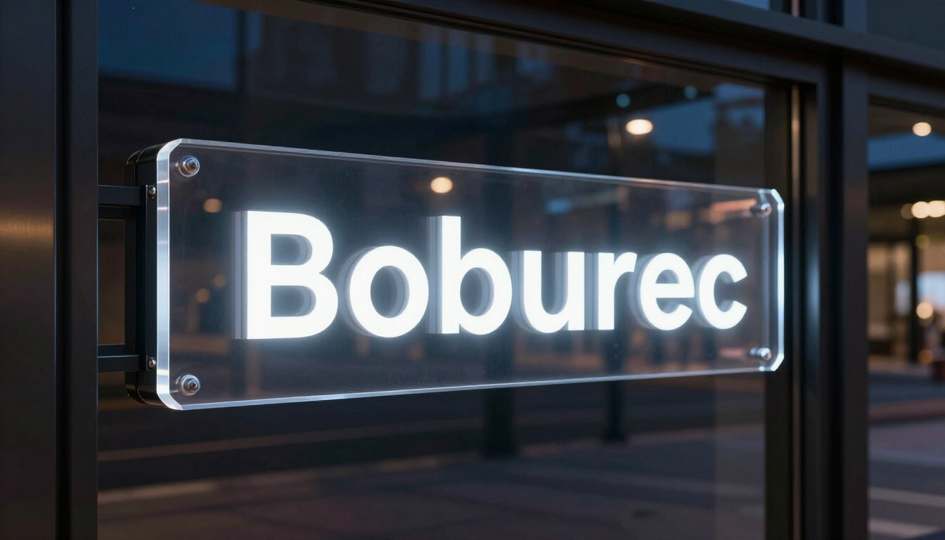Letrero blanco brillante de “Boburec” en un panel transparente en el exterior de un edificio por la noche.
