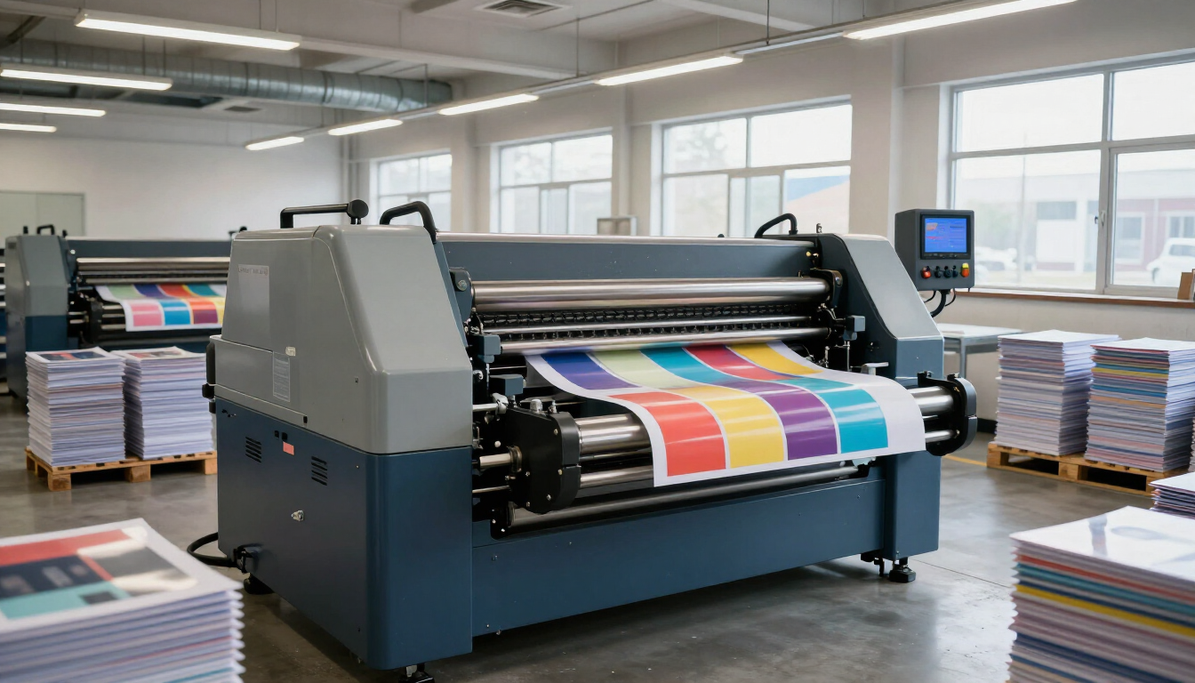 Gran impresora industrial que produce hojas coloridas en una imprenta luminosa.
