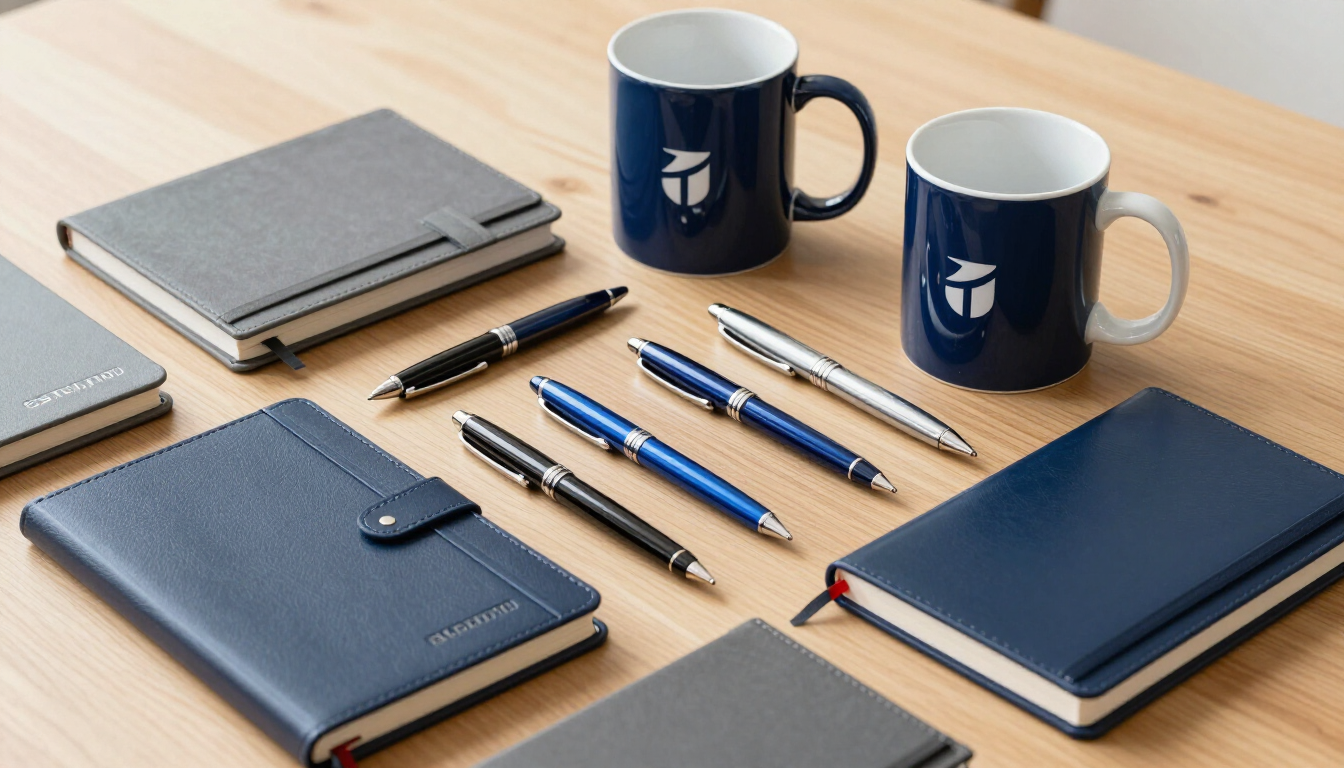 Cuadernos azules, bolígrafos y dos tazas azul marino ordenados cuidadosamente sobre un escritorio de madera.
