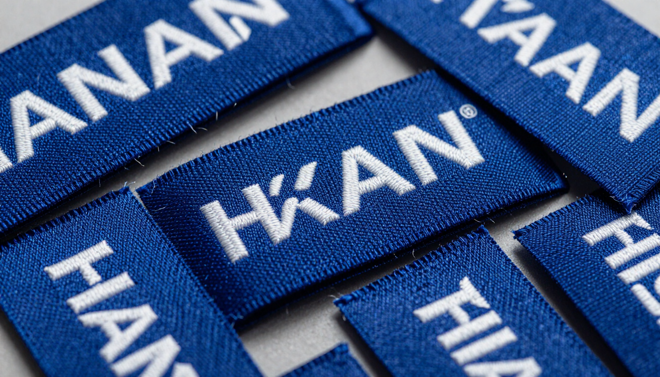 Parches de tela azul con la palabra “HÄÄN” en texto blanco, apilados en una vista de cerca.
