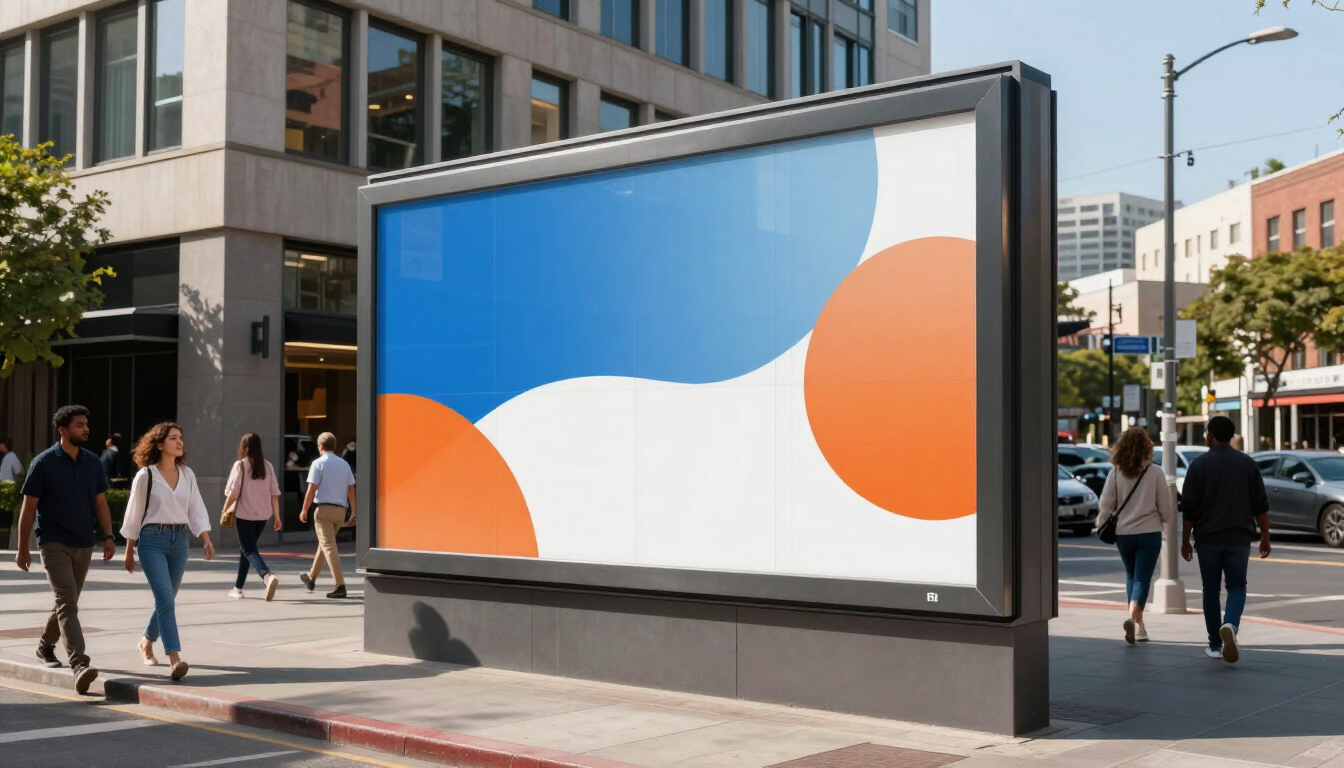 Gran cartel publicitario exterior con un gráfico abstracto azul, blanco y naranja en una plaza de la ciudad.