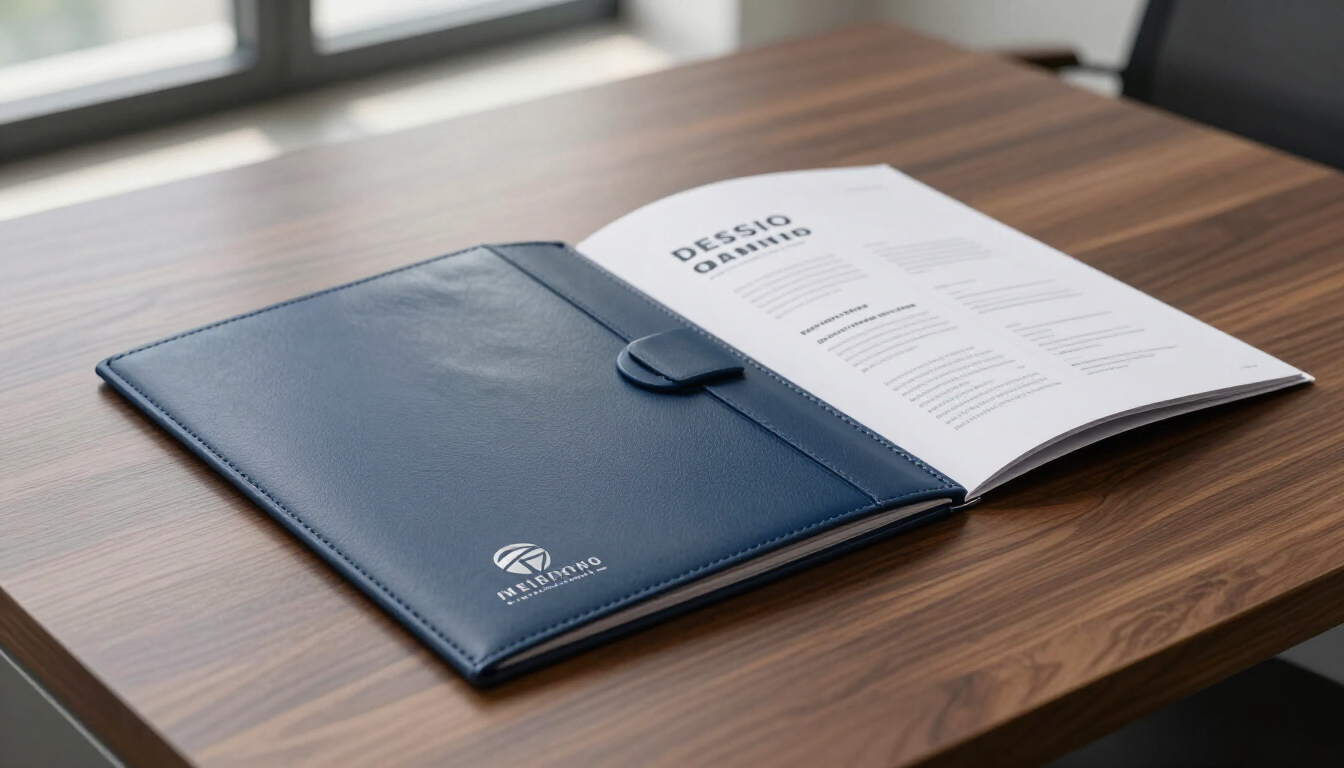 Carpeta azul con un folleto abierto sobre una mesa de madera.
