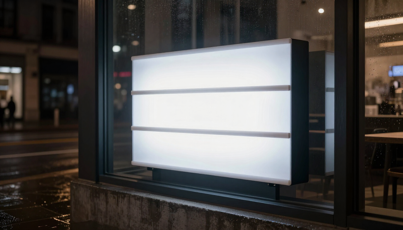 Un letrero luminoso en blanco en el escaparate de una tienda bajo la lluvia por la noche.