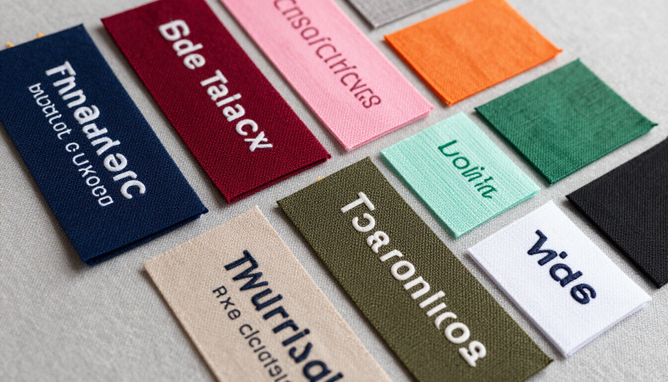 Etiquetas de tela tejida de colores con texto en disposición diagonal sobre una superficie gris.