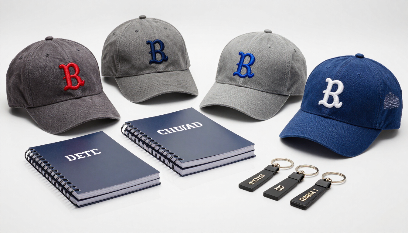 Cuatro gorras bordadas, tres cuadernos y tres llaveros expuestos sobre un fondo blanco.