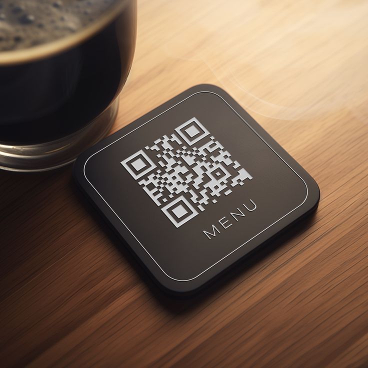 Menú con código QR sobre una mesa de madera junto a una taza de café.