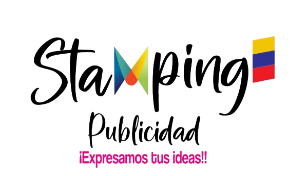 Stamping Publicidad logo with colorful “M” and slogan “Expresamos tus ideas!!”