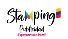 Stamping Publicidad logo with colorful “M” and slogan “Expresamos tus ideas!!”