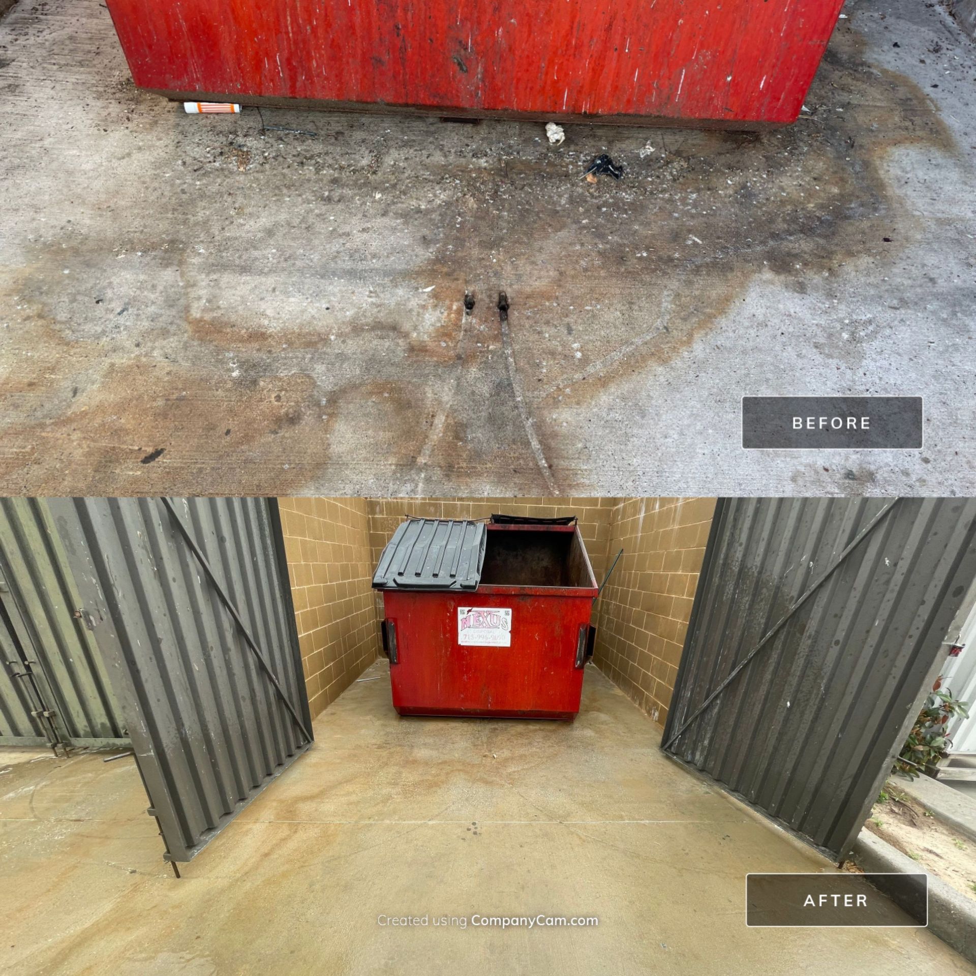 Before and after comparison of dumpster pad pressure washed