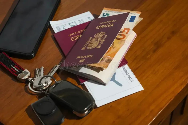 Pasaportes, llaves del coche y dinero sobre una mesa de madera.