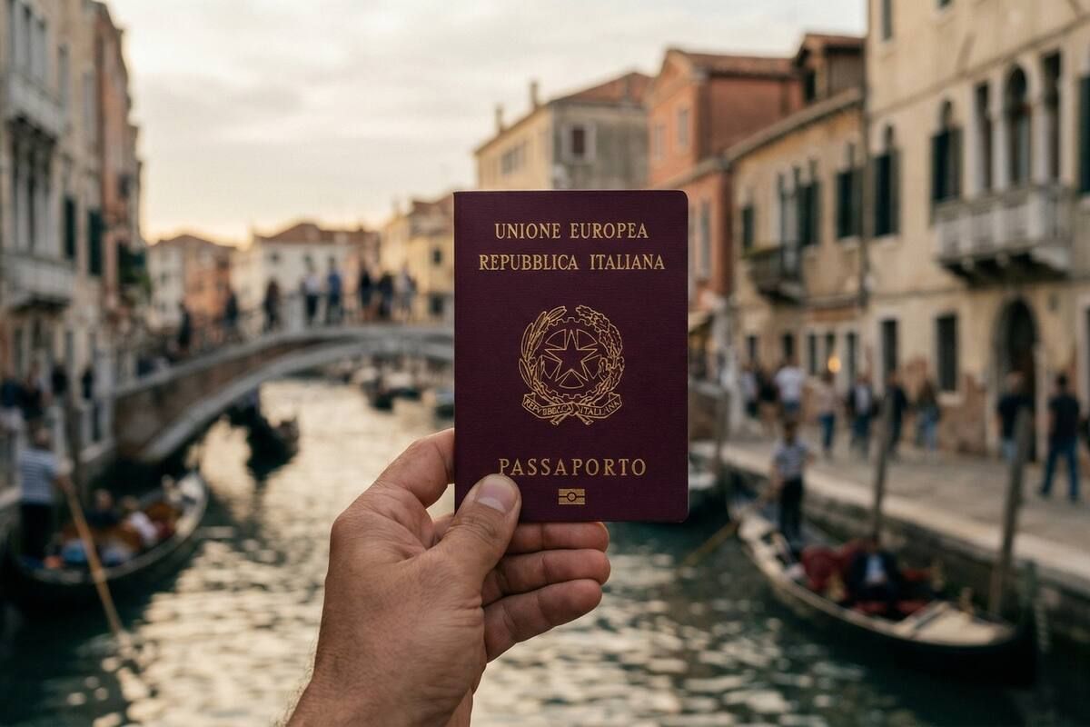 Una mano sosteniendo un pasaporte rojo sobre un canal de Venecia con góndolas y edificios al fondo.