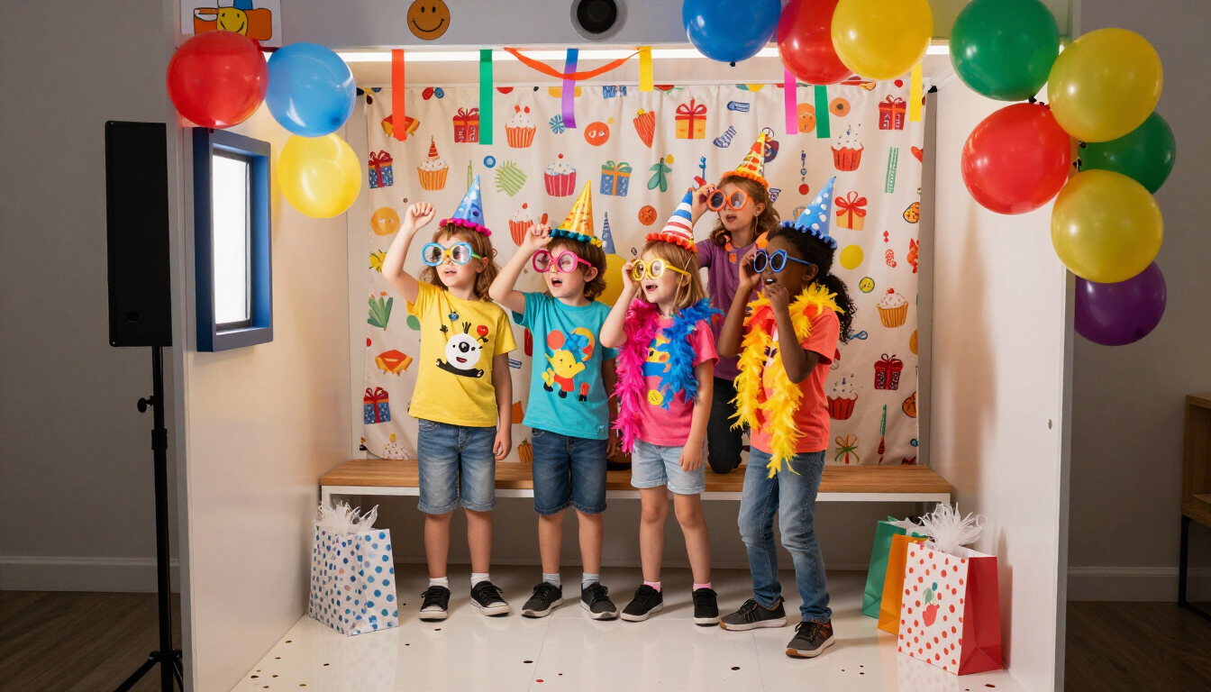 Children in party hats standing with balloons and confetti at a colorful birthday party