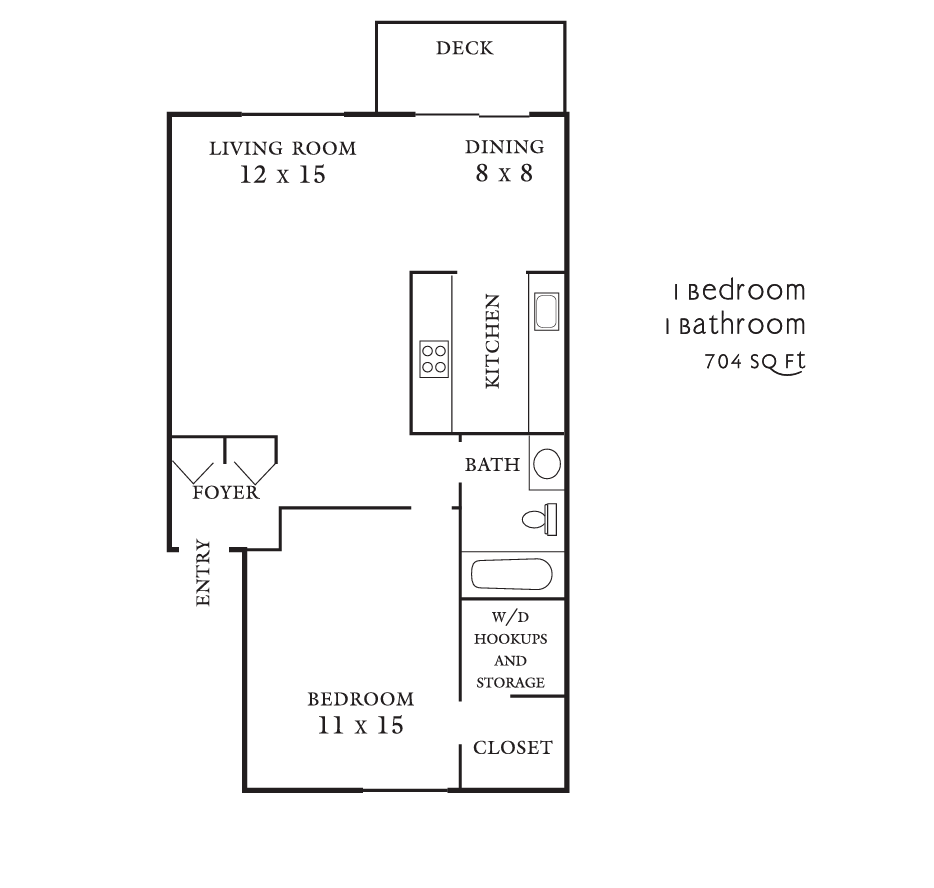 Apartment floor plan with living room, dining area, bedroom, bath, kitchen, foyer, closet, and deck.