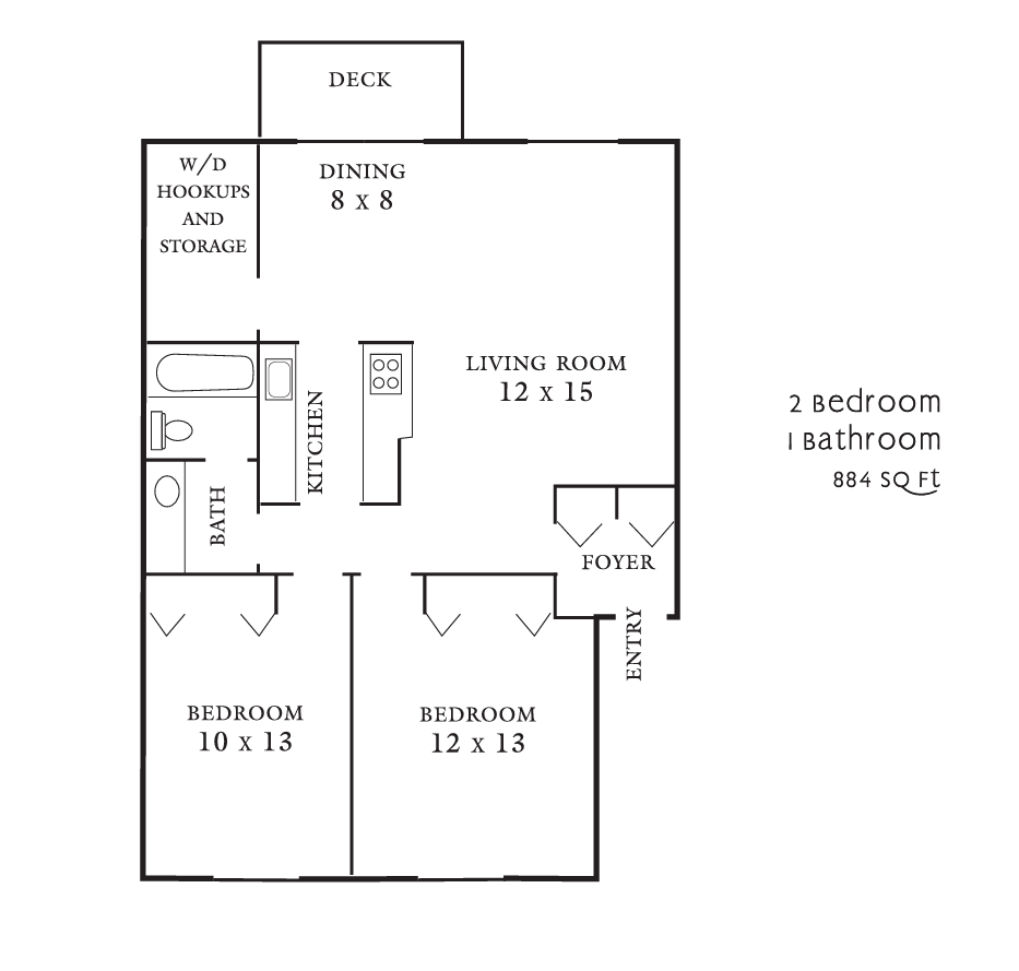 Floor plan of a 7-bedroom, 1-bathroom house with living room, dining room, kitchen, and deck.