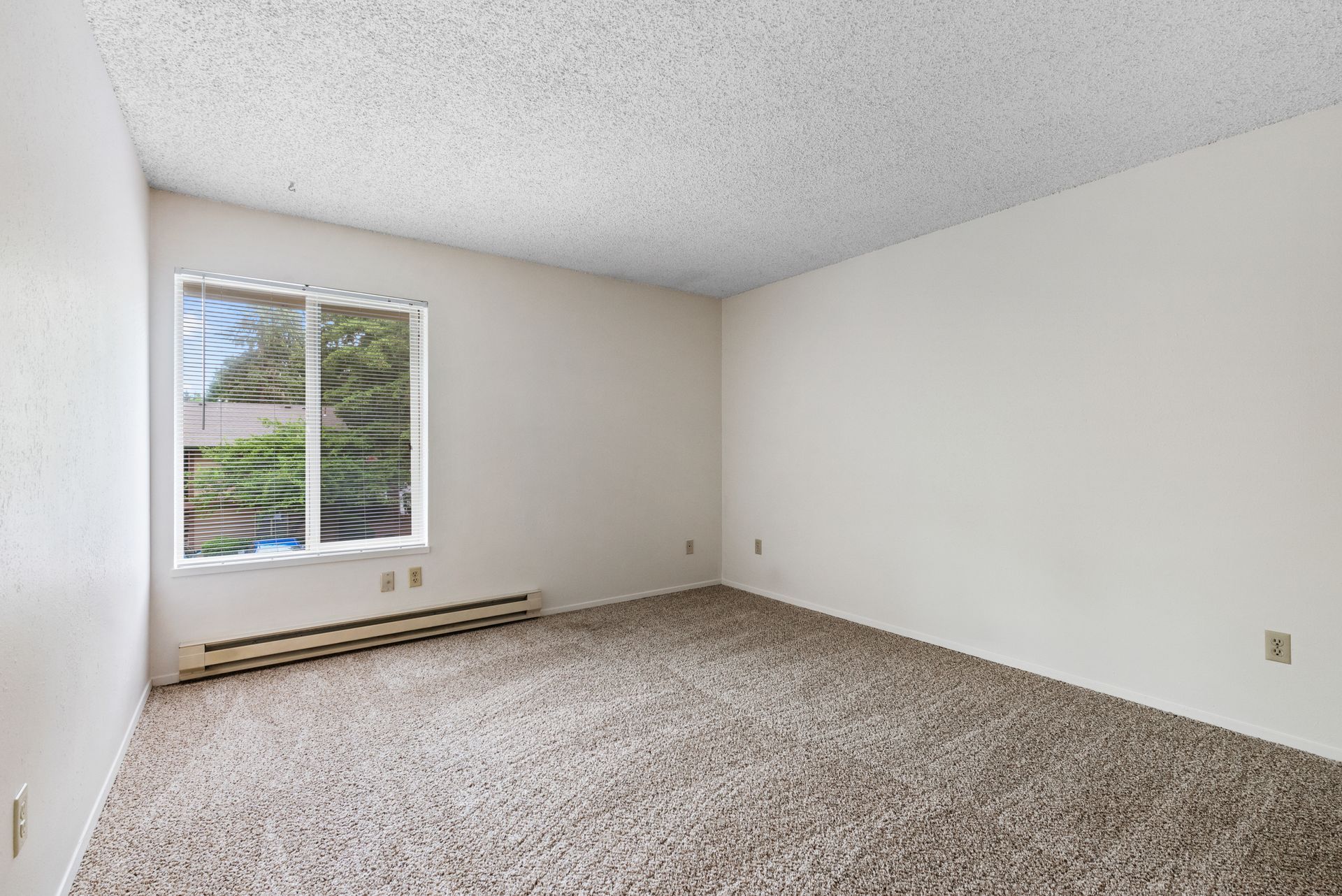 Empty beige carpeted room with white walls and a window with blinds.