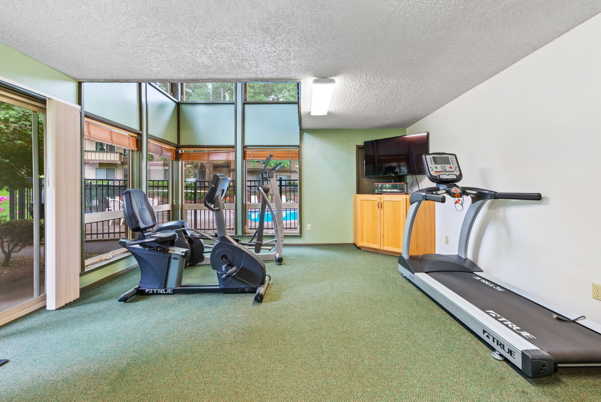 Gym room with treadmill, exercise bike, and floor-to-ceiling windows overlooking an outdoor area