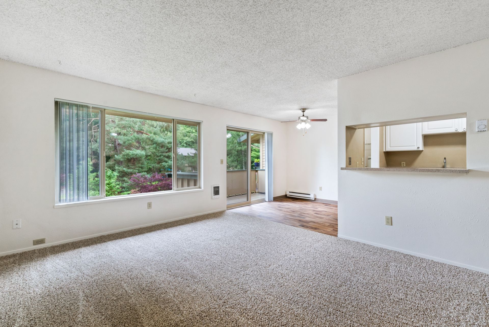 Empty carpeted living room with large windows and a pass-through view into the kitchen