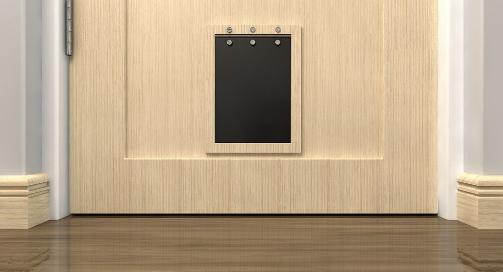 A Light Wood-Grain Door with A Rectangular Pet Door Installed — LeSands Screens & Blinds Moss Vale Pty Ltd in Moss Vale, NSW