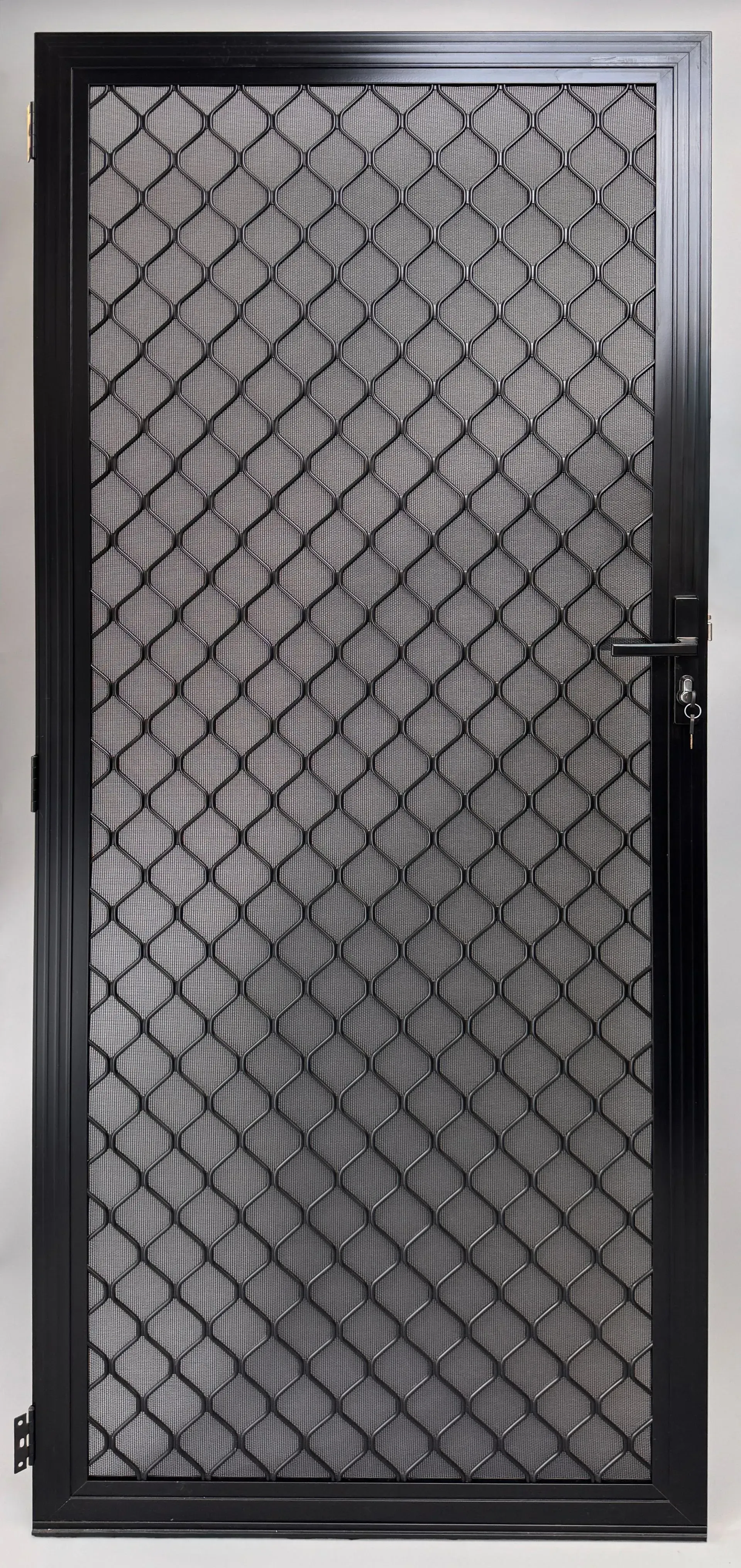 Black Security Door With Diamond Pattern Mesh — LeSands Screens & Blinds Moss Vale Pty Ltd in Moss Vale, NSW