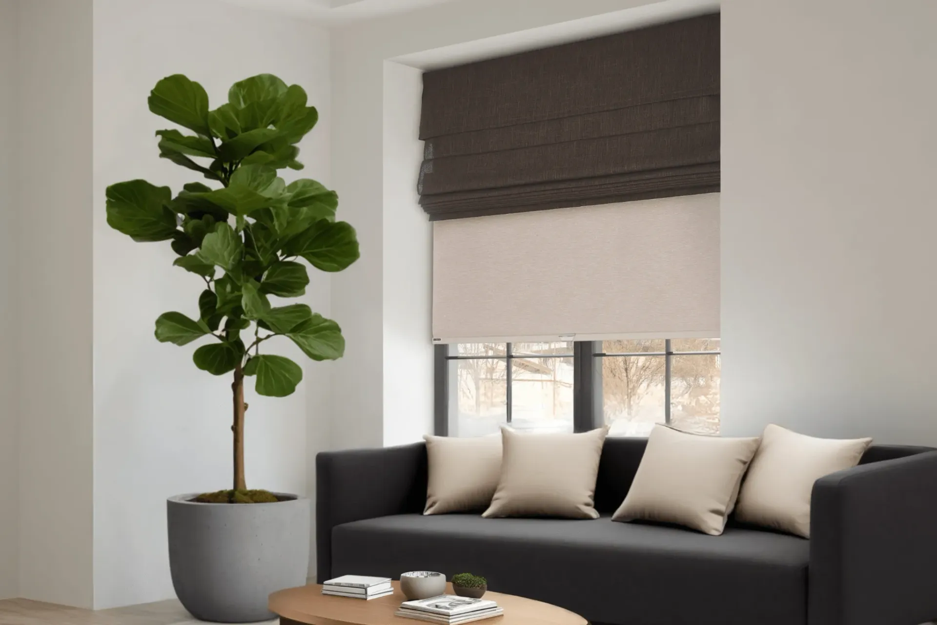 Living Room With a Gray Sofa, Plant, and Wooden Coffee Table — LeSands Screens & Blinds Moss Vale Pty Ltd in Bowral, NSW