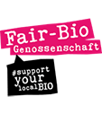 Fair-Bio-Logo mit rosa Banner und schwarzem „Unterstützen Sie Ihr lokales BIO“-Abzeichen