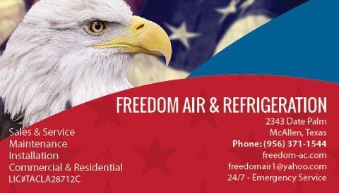 Freedom Air & Refrigeration business card with eagle, U.S. flag colors, and HVAC service details