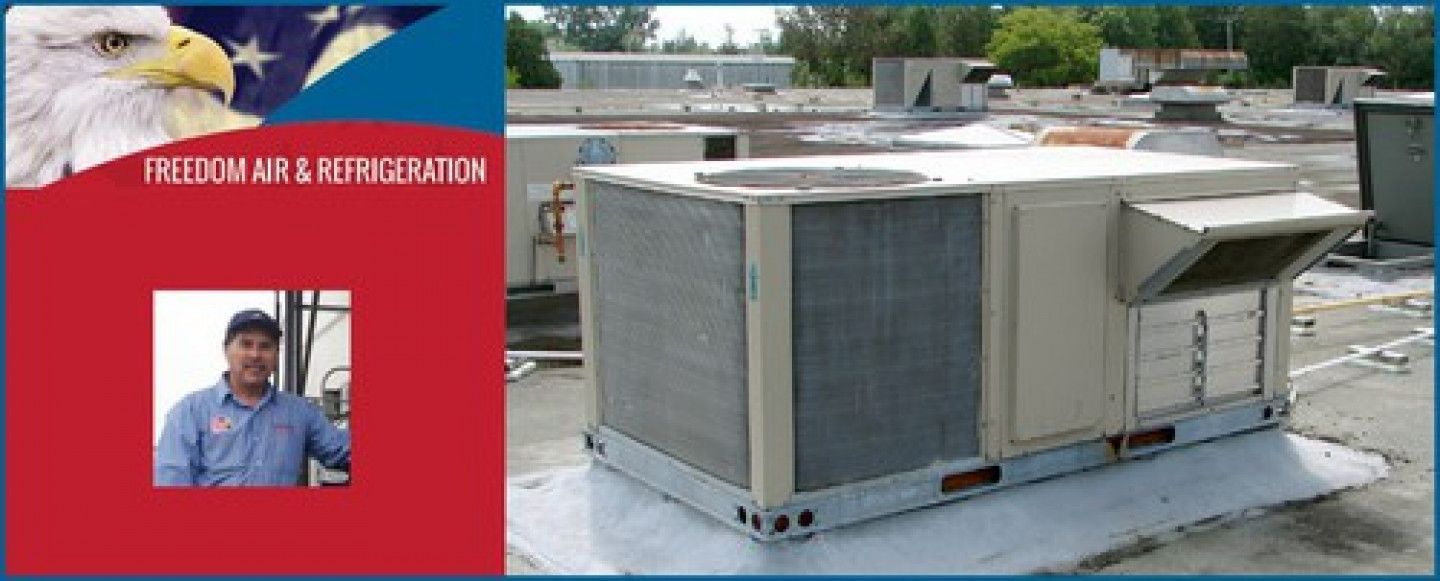 Rooftop HVAC unit beside a red graphic panel with a small portrait photo and text.