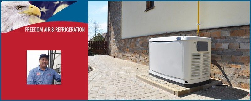 Red banner with a portrait beside a white generator on a sunlit brick patio by a building wall
