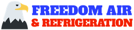 Logo for Freedom Air & Refrigeration with an eagle and blue-and-orange text