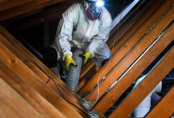 Worker in white protective suit using a hose to clean the inside of a wooden attic or roof structure.